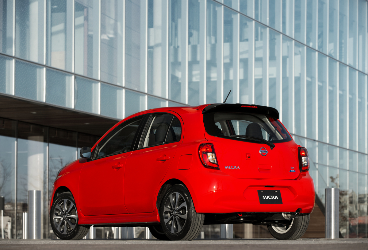 Rear view of red pre-owned Nissan Micra