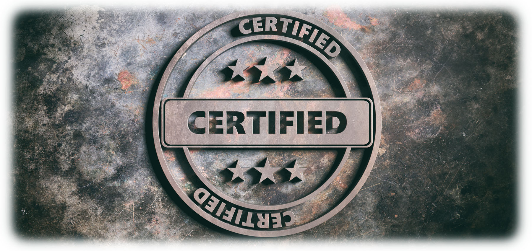 Gray circular graphic with six stars and text that reads "Certified" on marbled background