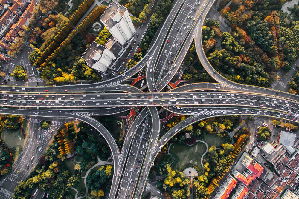 Aerial shot looking down on expansive highway system