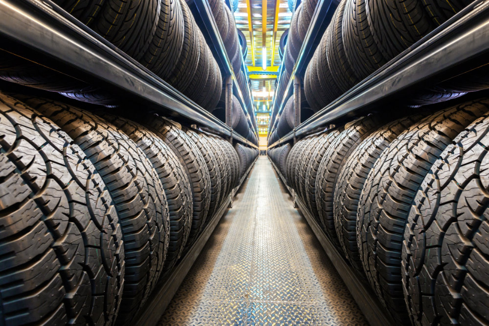 Rows of tires in warehouse